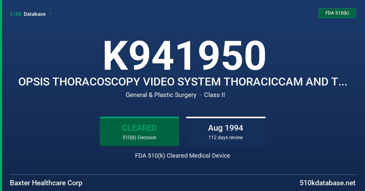 K941950 OPSIS THORACOSCOPY VIDEO SYSTEM THORACICCAM AND THORACICCAM 360 FDA 510(k) Cleared Medical Device