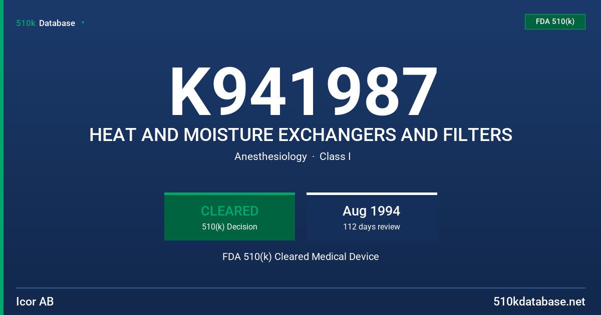 K941987 HEAT AND MOISTURE EXCHANGERS AND FILTERS FDA 510(k) Cleared Medical Device