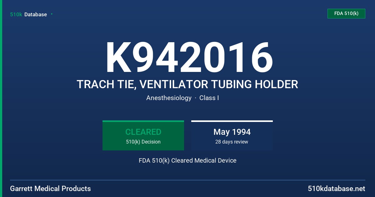 K942016 TRACH TIE, VENTILATOR TUBING HOLDER FDA 510(k) Cleared Medical Device