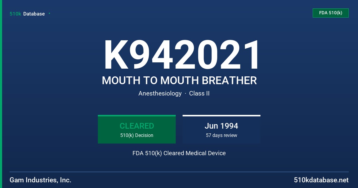 K942021 MOUTH TO MOUTH BREATHER FDA 510(k) Cleared Medical Device