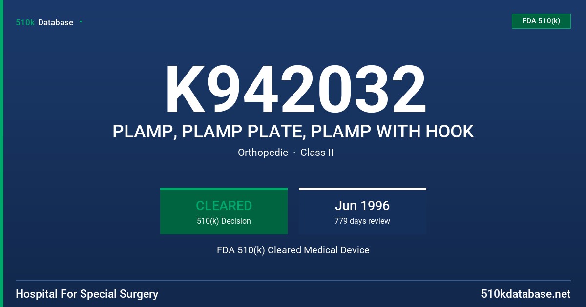 K942032 PLAMP, PLAMP PLATE, PLAMP WITH HOOK FDA 510(k) Cleared Medical Device