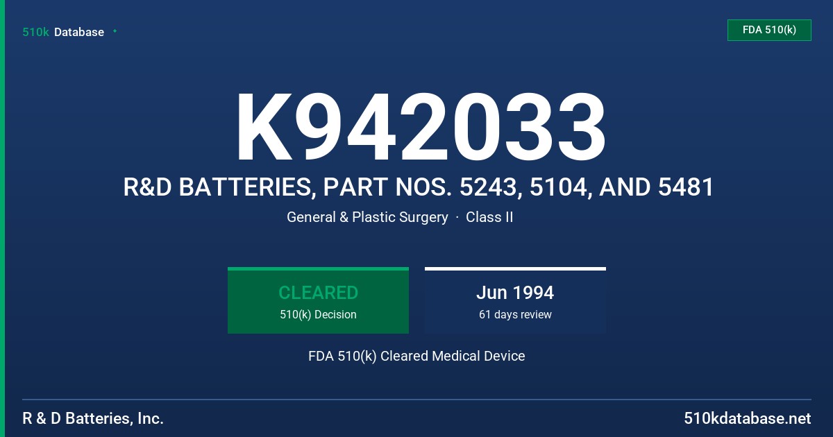 K942033 R&D BATTERIES, PART NOS. 5243, 5104, AND 5481 FDA 510(k) Cleared Medical Device