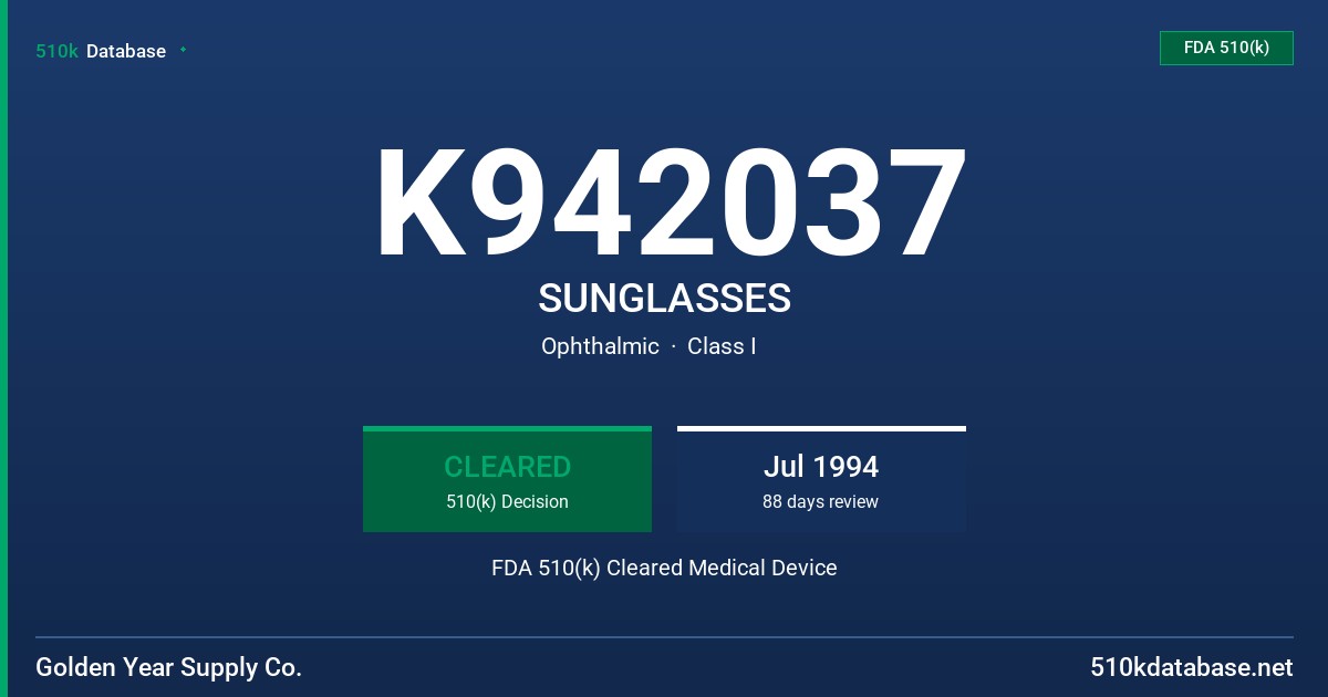K942037 SUNGLASSES FDA 510(k) Cleared Medical Device