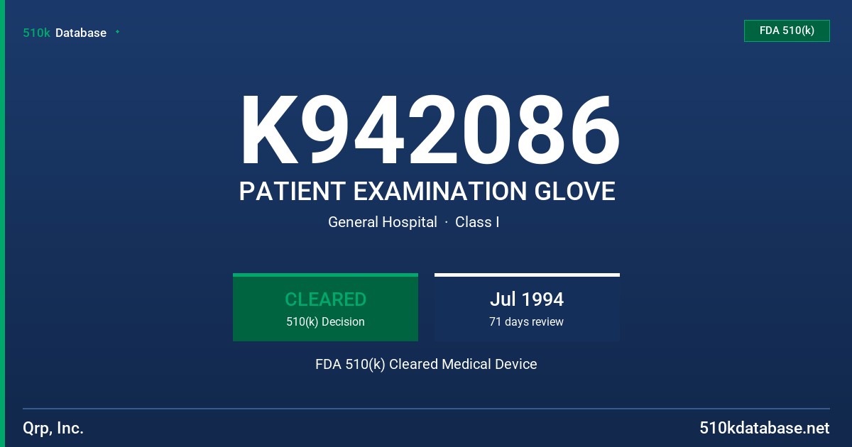 K942086 PATIENT EXAMINATION GLOVE FDA 510(k) Cleared Medical Device