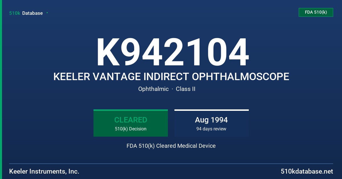 K942104 KEELER VANTAGE INDIRECT OPHTHALMOSCOPE FDA 510(k) Cleared Medical Device