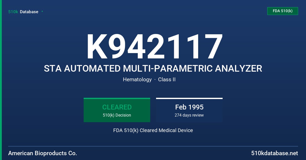 K942117 STA AUTOMATED MULTI-PARAMETRIC ANALYZER FDA 510(k) Cleared Medical Device