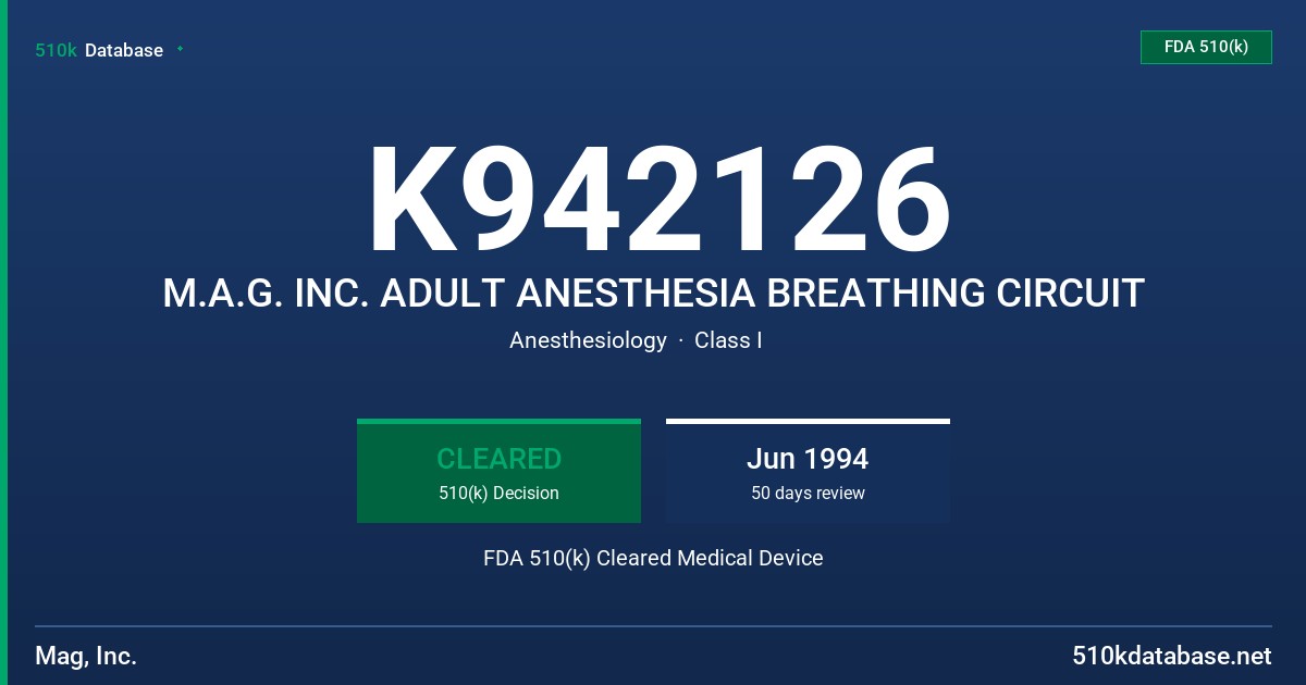 K942126 M.A.G. INC. ADULT ANESTHESIA BREATHING CIRCUIT FDA 510(k) Cleared Medical Device