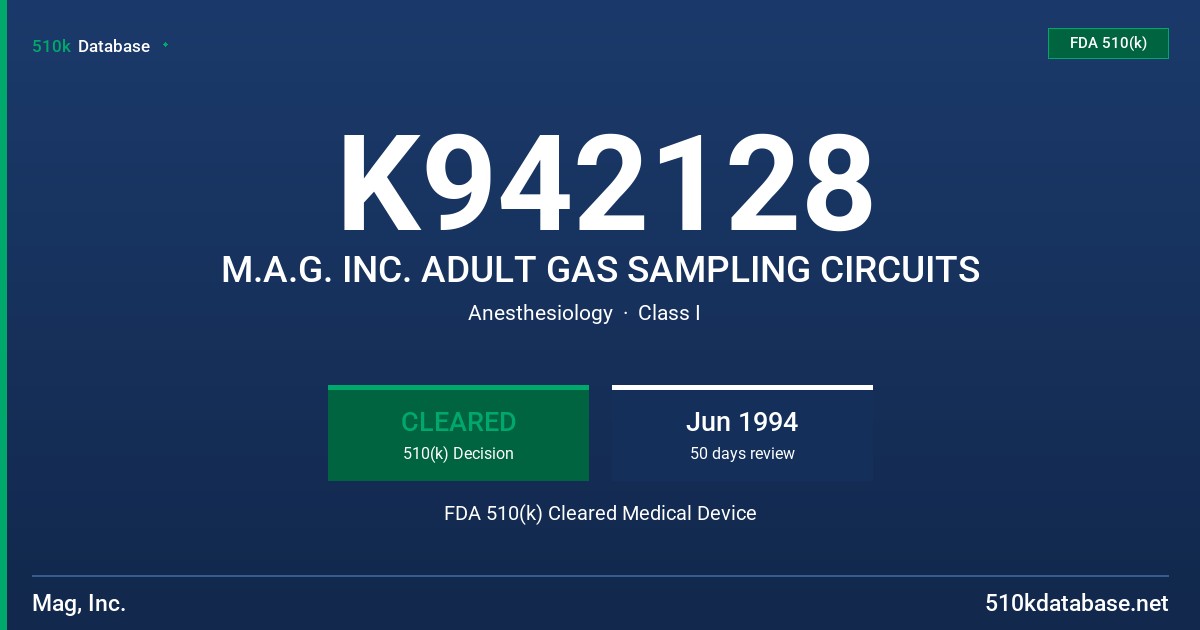 K942128 M.A.G. INC. ADULT GAS SAMPLING CIRCUITS FDA 510(k) Cleared Medical Device
