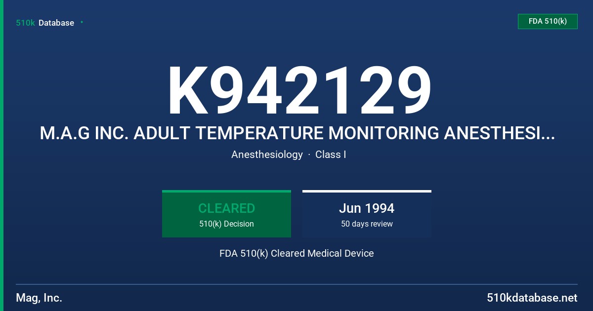 K942129 M.A.G INC. ADULT TEMPERATURE MONITORING ANESTHESIA CIRCUITS FDA 510(k) Cleared Medical Device