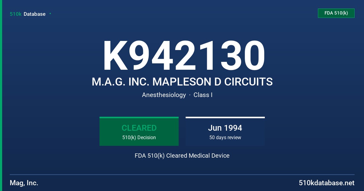 K942130 M.A.G. INC. MAPLESON D CIRCUITS FDA 510(k) Cleared Medical Device