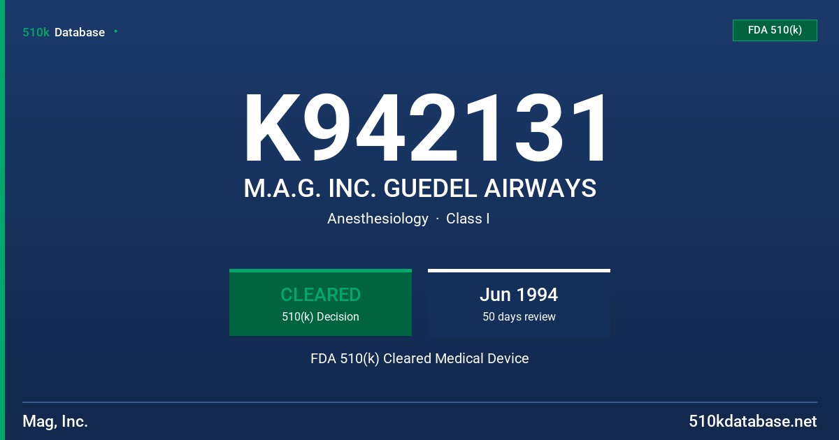 K942131 M.A.G. INC. GUEDEL AIRWAYS FDA 510(k) Cleared Medical Device
