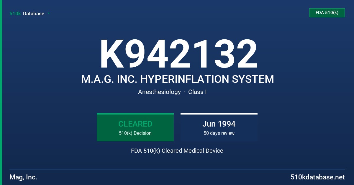 K942132 M.A.G. INC. HYPERINFLATION SYSTEM FDA 510(k) Cleared Medical Device