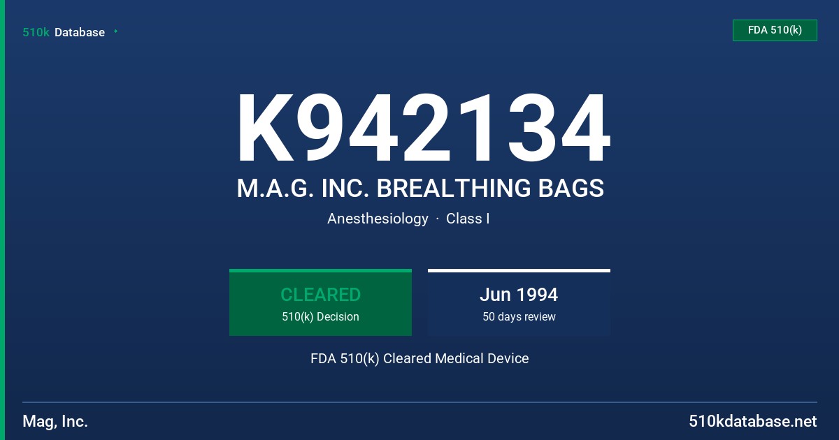 K942134 M.A.G. INC. BREALTHING BAGS FDA 510(k) Cleared Medical Device