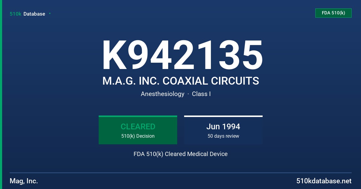 K942135 M.A.G. INC. COAXIAL CIRCUITS FDA 510(k) Cleared Medical Device