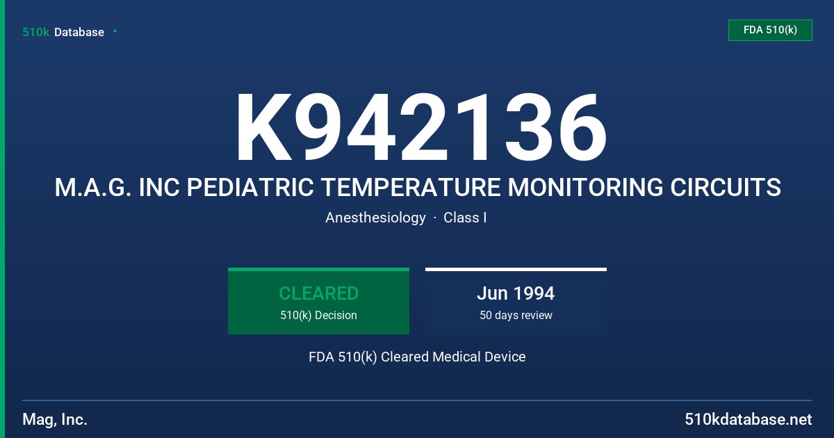 K942136 M.A.G. INC PEDIATRIC TEMPERATURE MONITORING CIRCUITS FDA 510(k) Cleared Medical Device