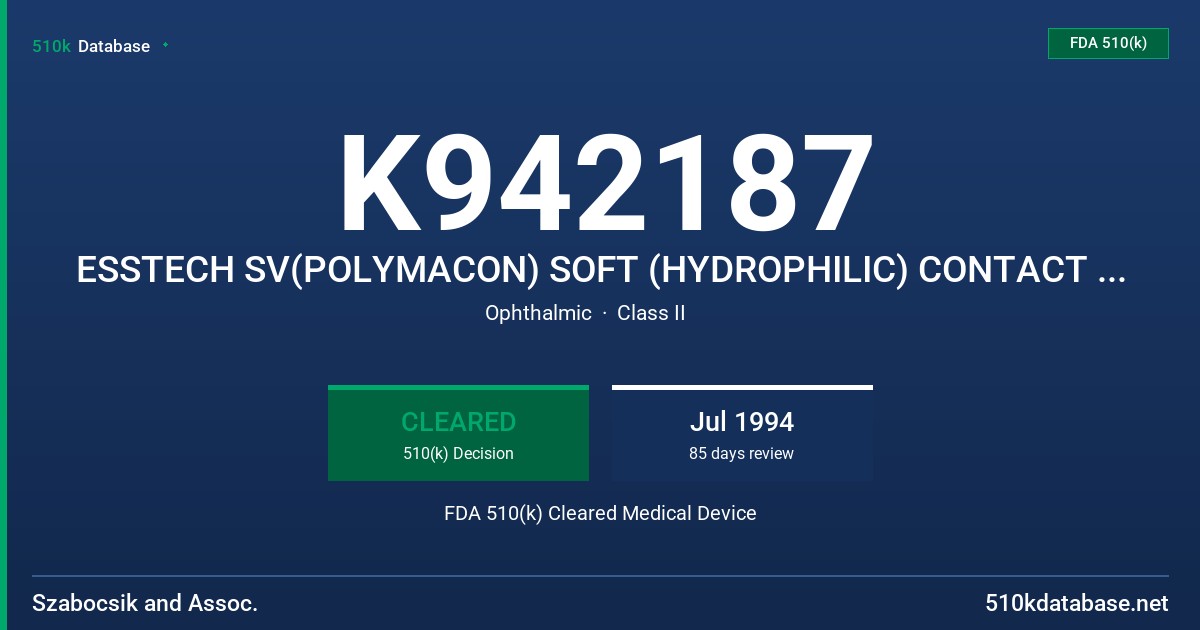 K942187 ESSTECH SV(POLYMACON) SOFT (HYDROPHILIC) CONTACT LENS FDA 510(k) Cleared Medical Device