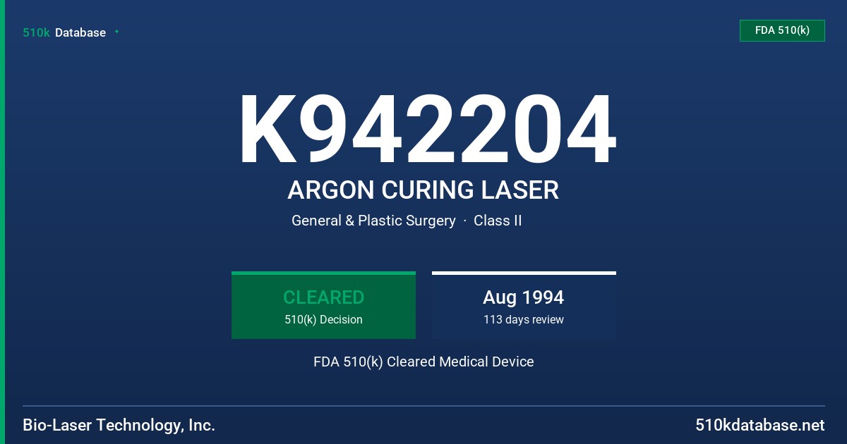 K942204 ARGON CURING LASER FDA 510(k) Cleared Medical Device