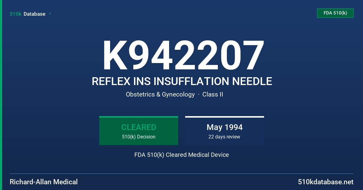 K942207 REFLEX INS INSUFFLATION NEEDLE FDA 510(k) Cleared Medical Device