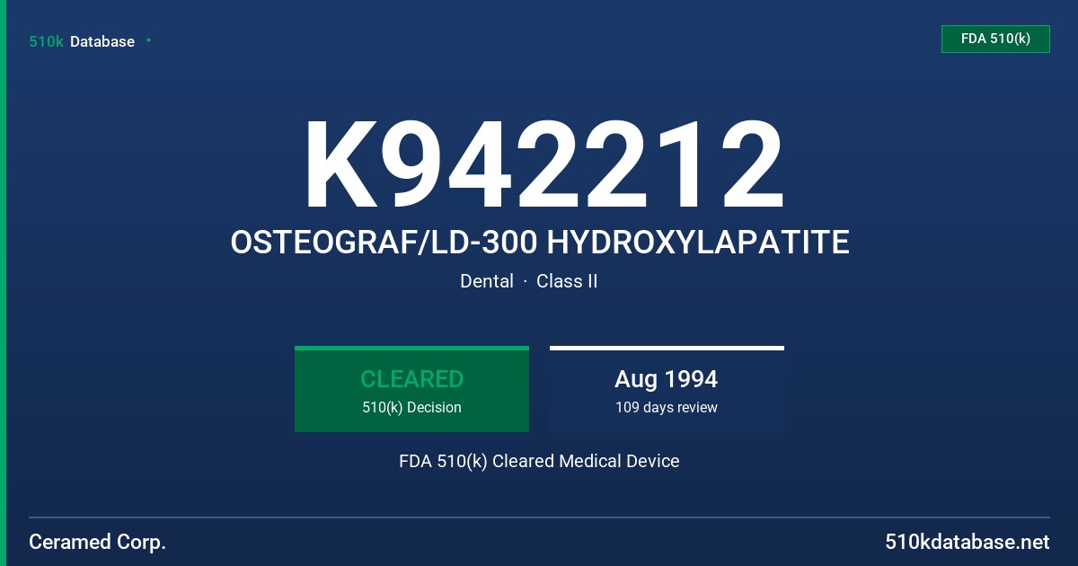 K942212 OSTEOGRAF/LD-300 HYDROXYLAPATITE FDA 510(k) Cleared Medical Device