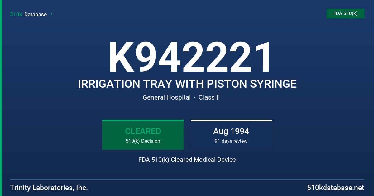 K942221 IRRIGATION TRAY WITH PISTON SYRINGE FDA 510(k) Cleared Medical Device