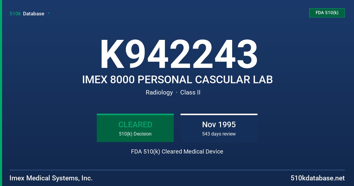 K942243 IMEX 8000 PERSONAL CASCULAR LAB FDA 510(k) Cleared Medical Device