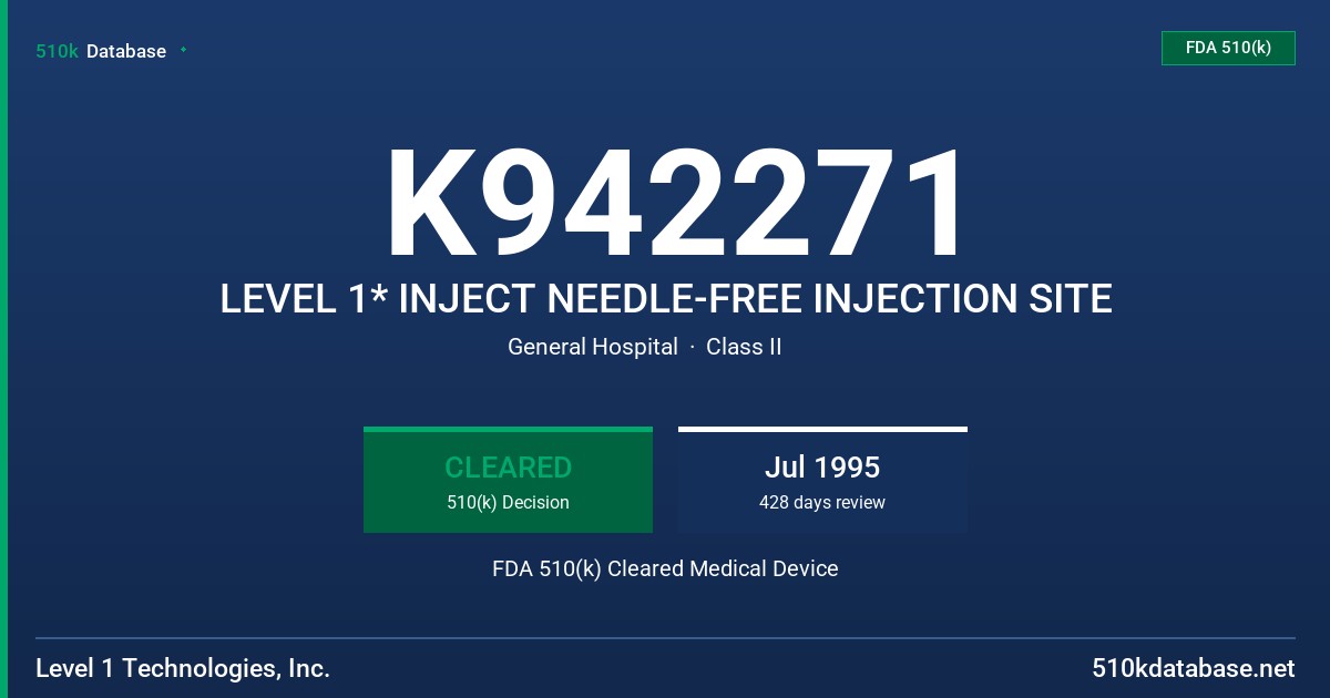 K942271 LEVEL 1* INJECT NEEDLE-FREE INJECTION SITE FDA 510(k) Cleared Medical Device