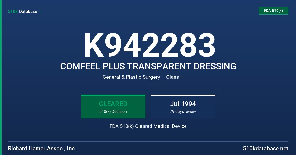 K942283 COMFEEL PLUS TRANSPARENT DRESSING FDA 510(k) Cleared Medical Device