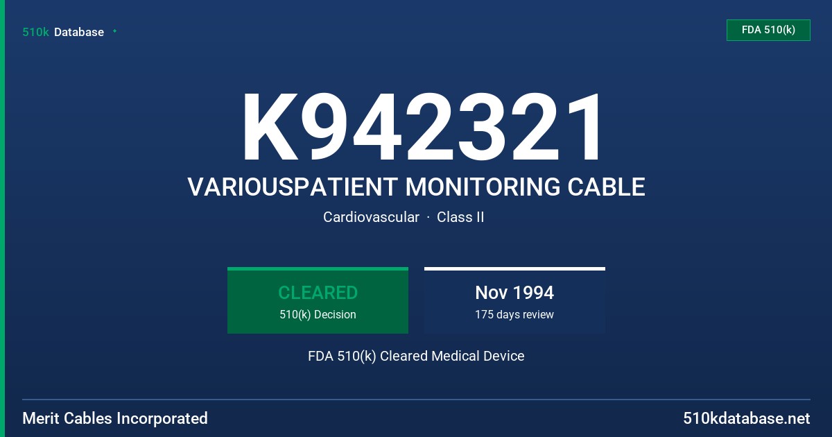 K942321 VARIOUSPATIENT MONITORING CABLE FDA 510(k) Cleared Medical Device