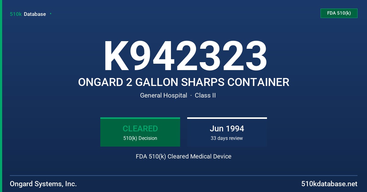 K942323 ONGARD 2 GALLON SHARPS CONTAINER FDA 510(k) Cleared Medical Device