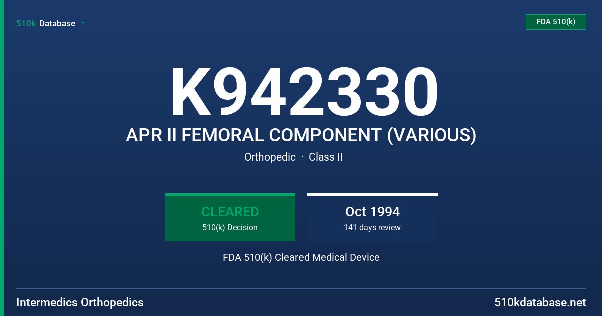 K942330 APR II FEMORAL COMPONENT (VARIOUS) FDA 510(k) Cleared Medical Device