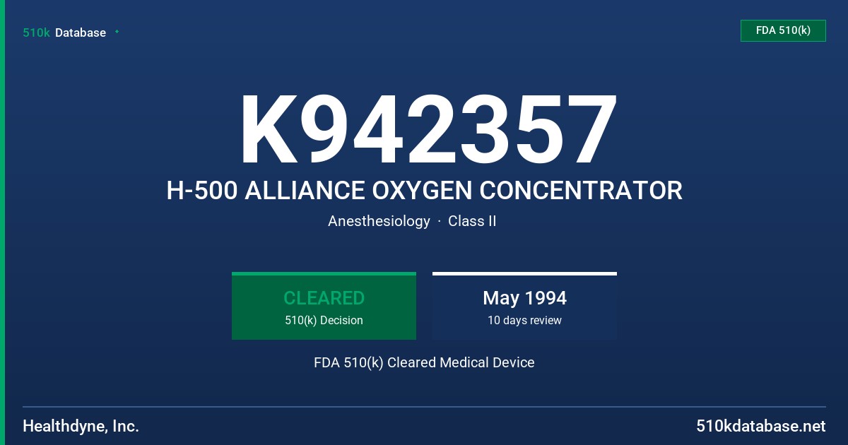 K942357 H-500 ALLIANCE OXYGEN CONCENTRATOR FDA 510(k) Cleared Medical Device