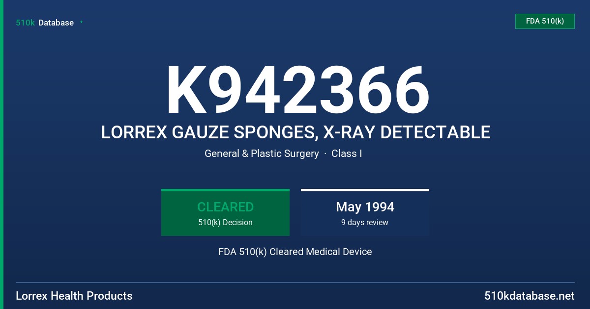 K942366 LORREX GAUZE SPONGES, X-RAY DETECTABLE FDA 510(k) Cleared Medical Device