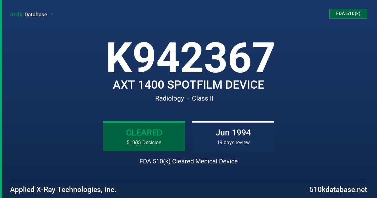 K942367 AXT 1400 SPOTFILM DEVICE FDA 510(k) Cleared Medical Device