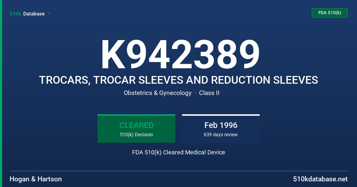 K942389 TROCARS, TROCAR SLEEVES AND REDUCTION SLEEVES FDA 510(k) Cleared Medical Device