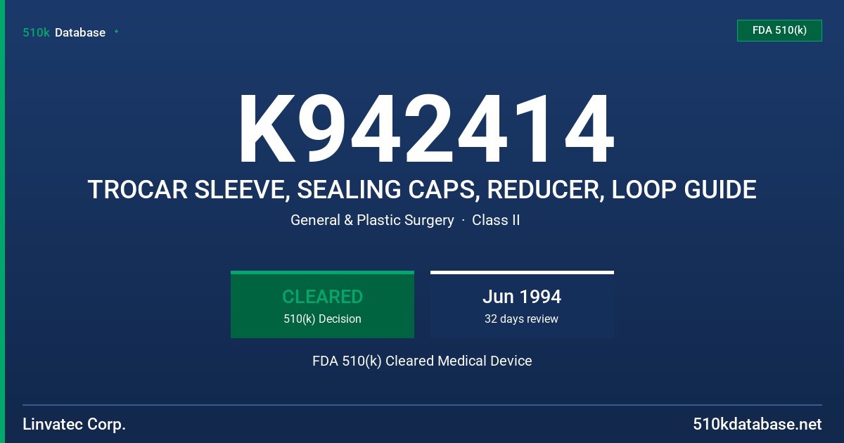 K942414 TROCAR SLEEVE, SEALING CAPS, REDUCER, LOOP GUIDE FDA 510(k) Cleared Medical Device