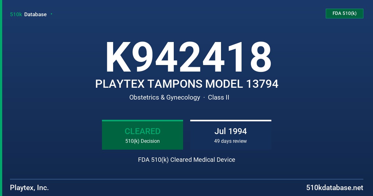 K942418 PLAYTEX TAMPONS MODEL 13794 FDA 510(k) Cleared Medical Device