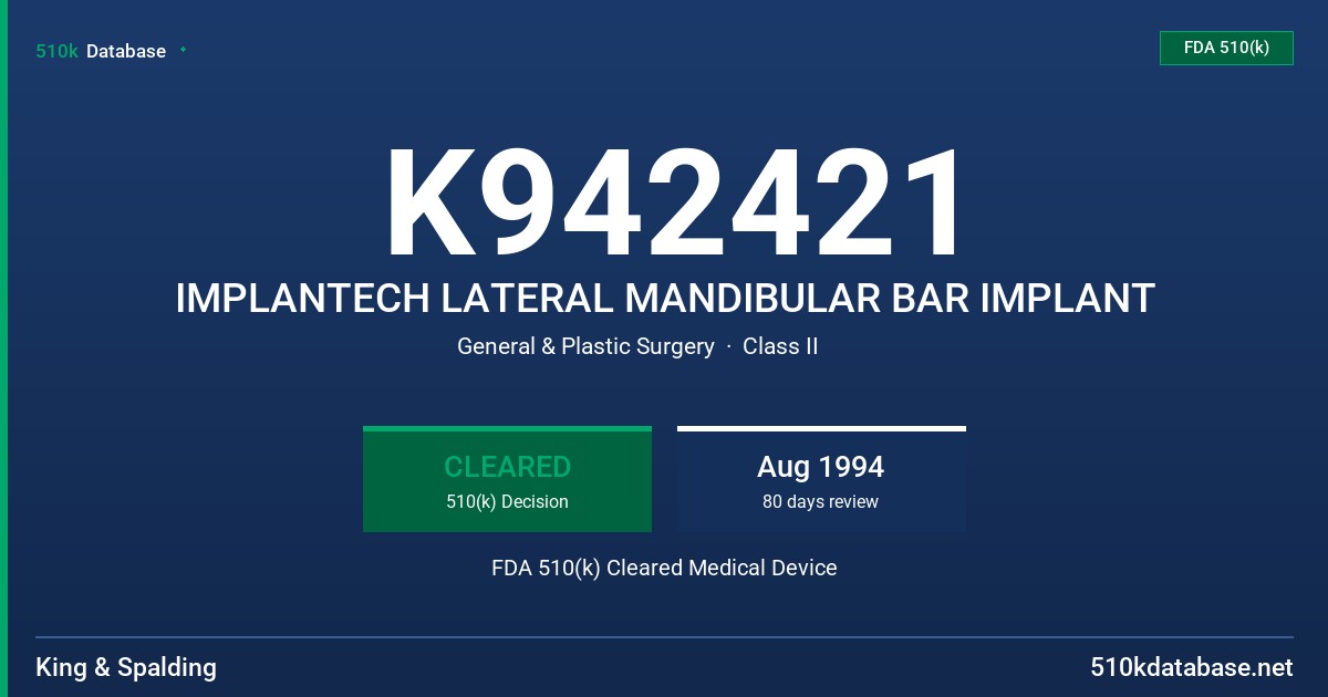 K942421 IMPLANTECH LATERAL MANDIBULAR BAR IMPLANT FDA 510(k) Cleared Medical Device