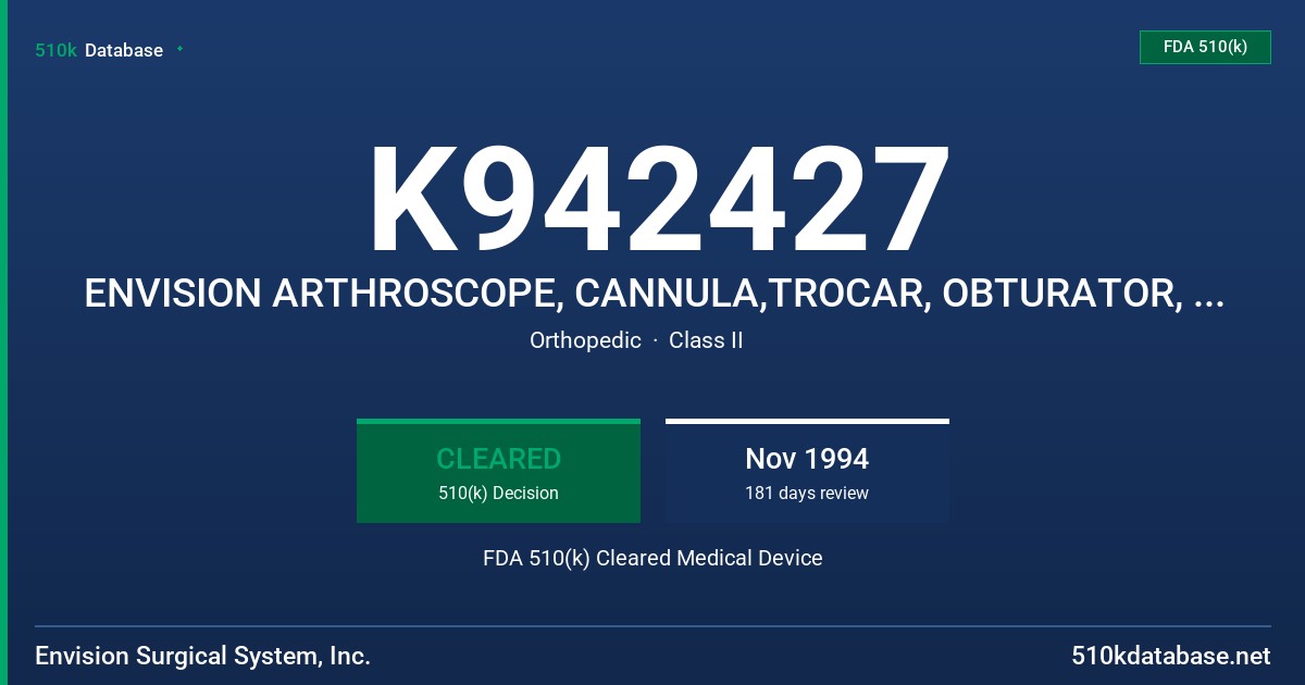 K942427 ENVISION ARTHROSCOPE, CANNULA,TROCAR, OBTURATOR, AND PROBE FDA 510(k) Cleared Medical Device