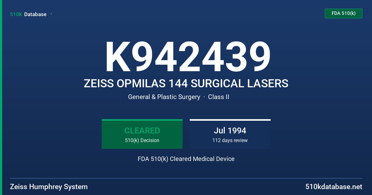 K942439 ZEISS OPMILAS 144 SURGICAL LASERS FDA 510(k) Cleared Medical Device