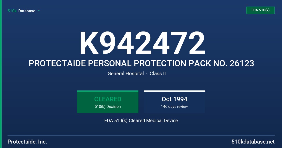 K942472 PROTECTAIDE PERSONAL PROTECTION PACK NO. 26123 FDA 510(k) Cleared Medical Device