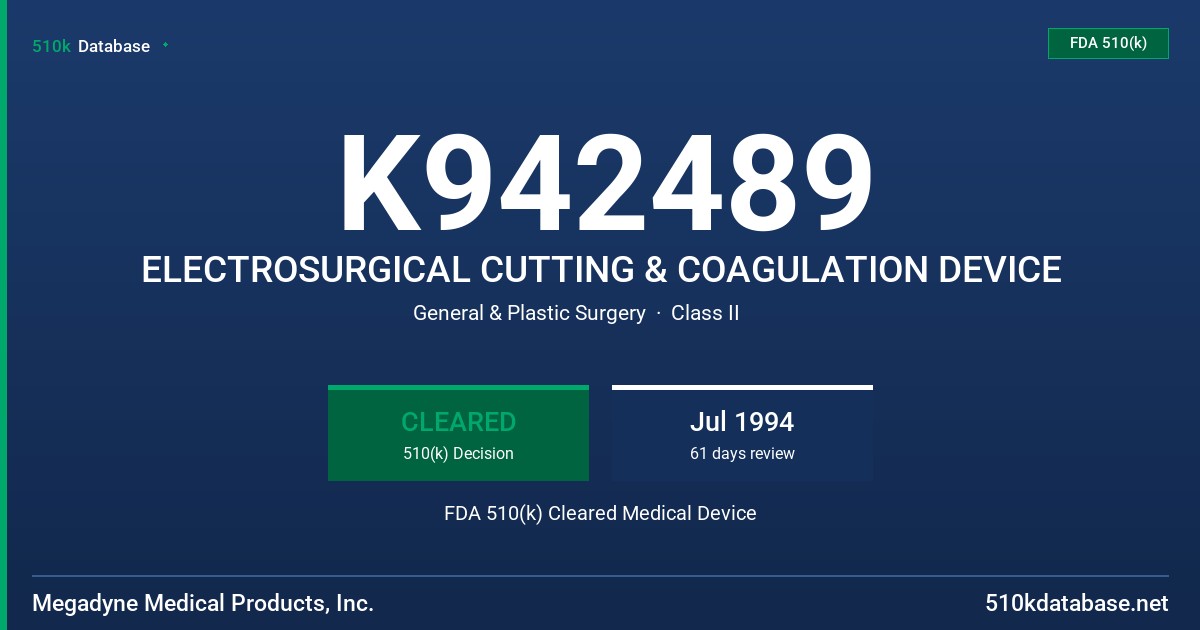 K942489 ELECTROSURGICAL CUTTING & COAGULATION DEVICE FDA 510(k) Cleared Medical Device