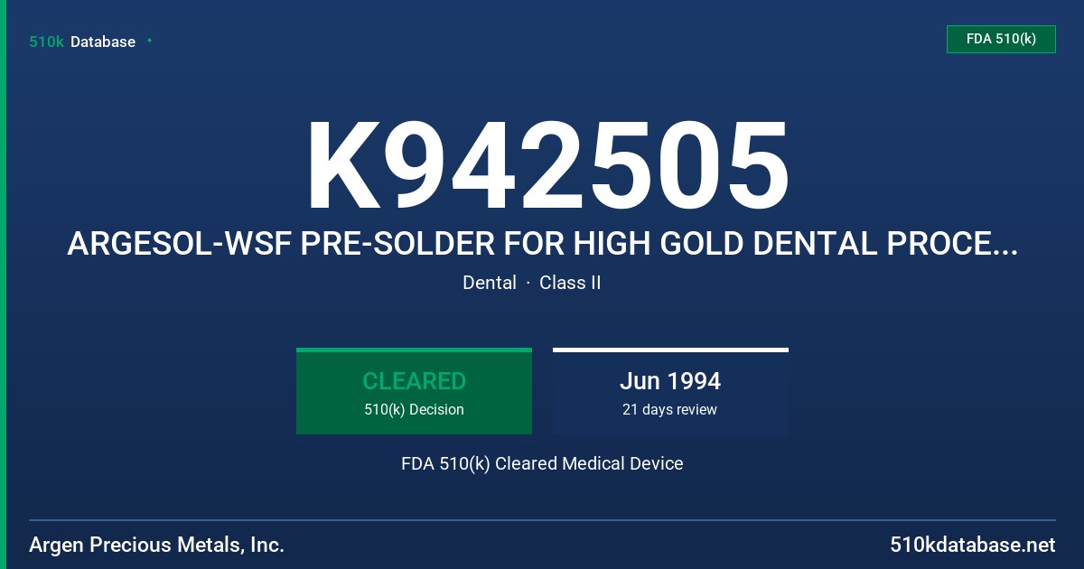 K942505 ARGESOL-WSF PRE-SOLDER FOR HIGH GOLD DENTAL PROCELAIN ALLOYS FDA 510(k) Cleared Medical Device