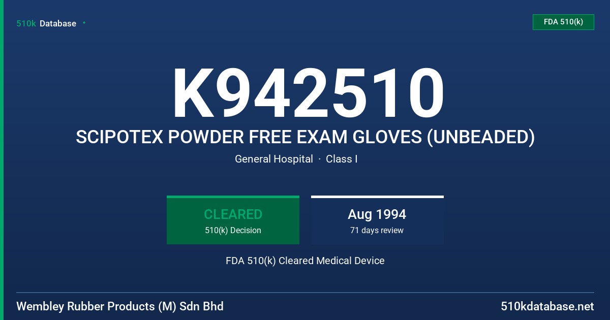 K942510 SCIPOTEX POWDER FREE EXAM GLOVES (UNBEADED) FDA 510(k) Cleared Medical Device