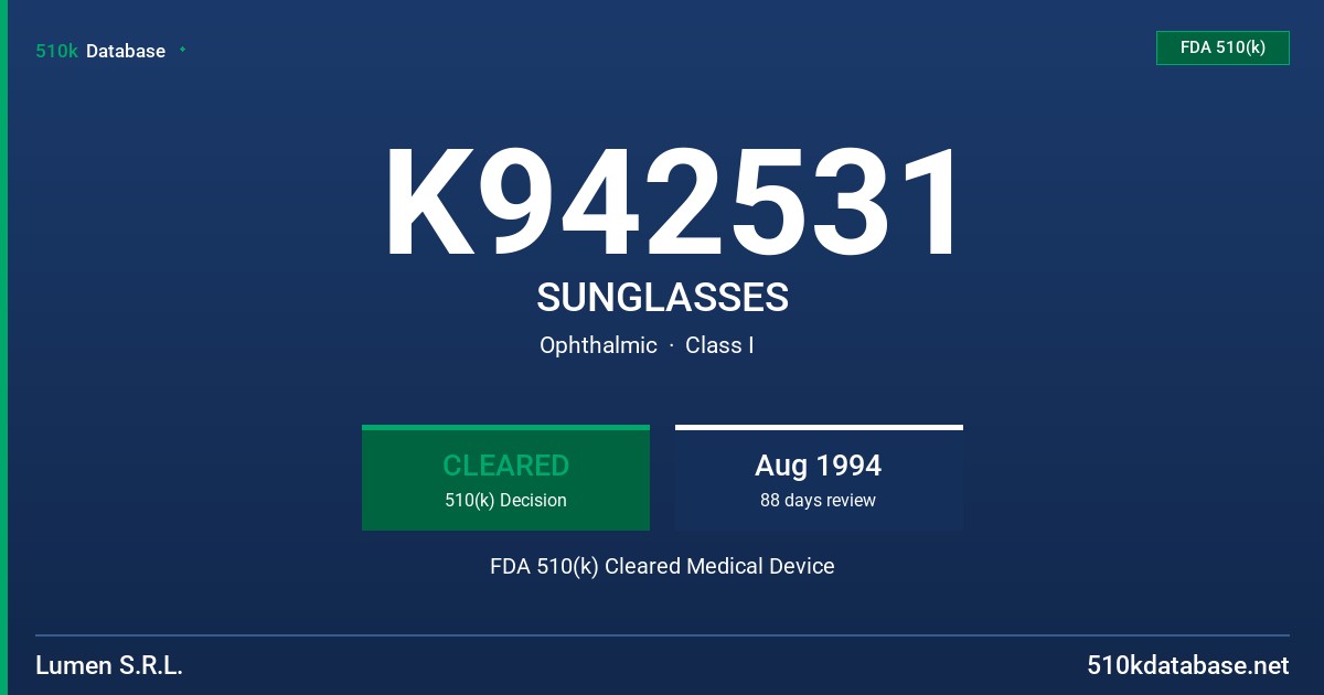K942531 SUNGLASSES FDA 510(k) Cleared Medical Device