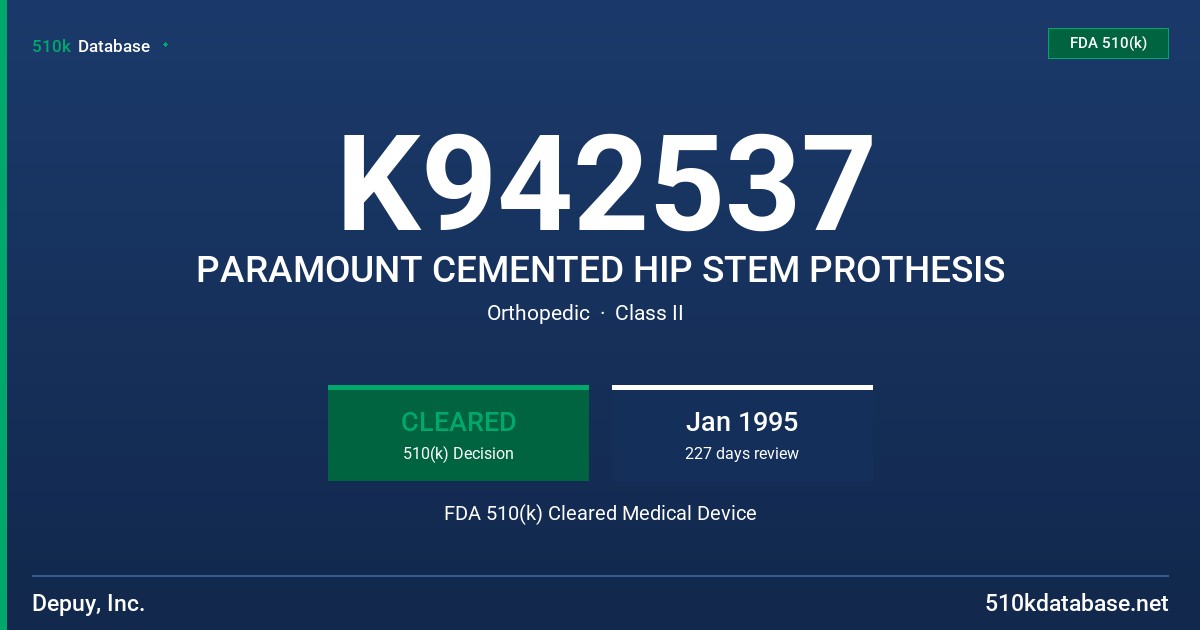 K942537 PARAMOUNT CEMENTED HIP STEM PROTHESIS FDA 510(k) Cleared Medical Device