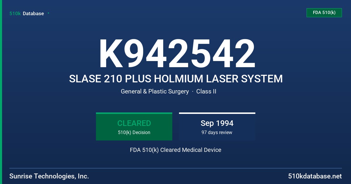 K942542 SLASE 210 PLUS HOLMIUM LASER SYSTEM FDA 510(k) Cleared Medical Device