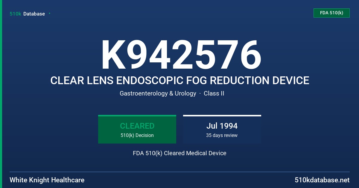 K942576 CLEAR LENS ENDOSCOPIC FOG REDUCTION DEVICE FDA 510(k) Cleared Medical Device