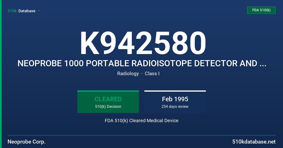 K942580 NEOPROBE 1000 PORTABLE RADIOISOTOPE DETECTOR AND ACCESSORIES FDA 510(k) Cleared Medical Device