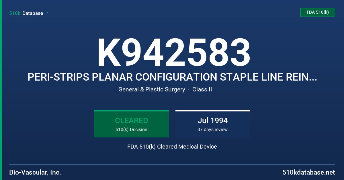 K942583 PERI-STRIPS PLANAR CONFIGURATION STAPLE LINE REINFORCEMENT FDA 510(k) Cleared Medical Device