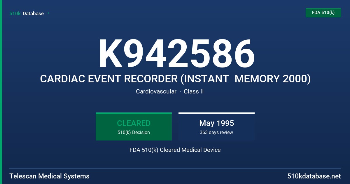 K942586 CARDIAC EVENT RECORDER (INSTANT  MEMORY 2000) FDA 510(k) Cleared Medical Device